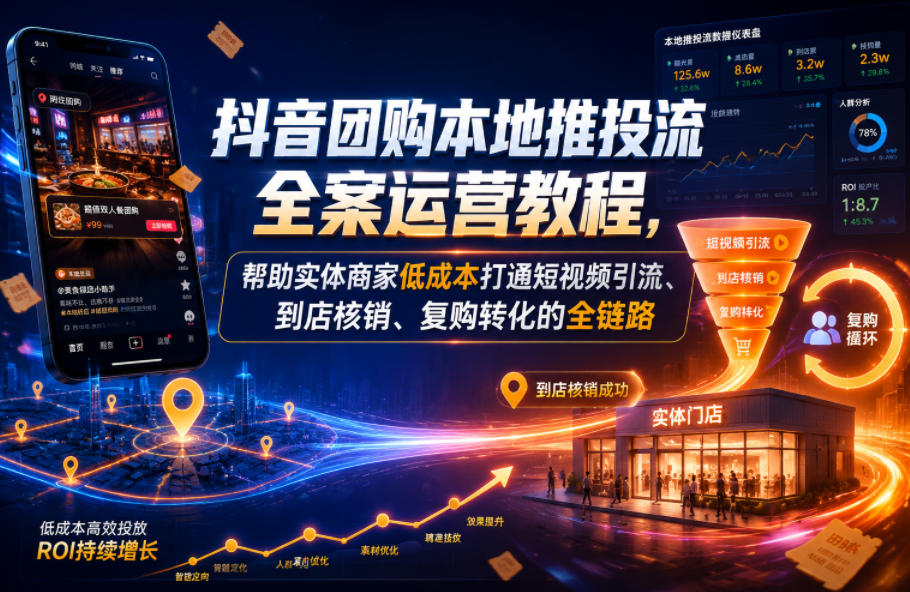 抖音团购本地推投流全案运营教程，帮助实体商家低成本打通短视频引流、到店核销、复购转化的全链路瀚萌资源网-网赚网-网赚项目网-虚拟资源网-国学资源网-易学资源网-本站有全网最新网赚项目-易学课程资源-中医课程资源的在线下载网站！瀚萌资源网