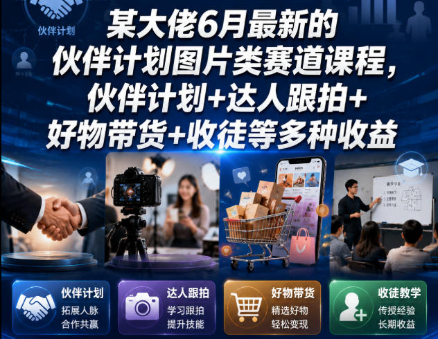 某大佬6月最新的伙伴计划图片类赛道课程，伙伴计划+达人跟拍+好物带货+收徒等多种收益瀚萌资源网-网赚网-网赚项目网-虚拟资源网-国学资源网-易学资源网-本站有全网最新网赚项目-易学课程资源-中医课程资源的在线下载网站！瀚萌资源网