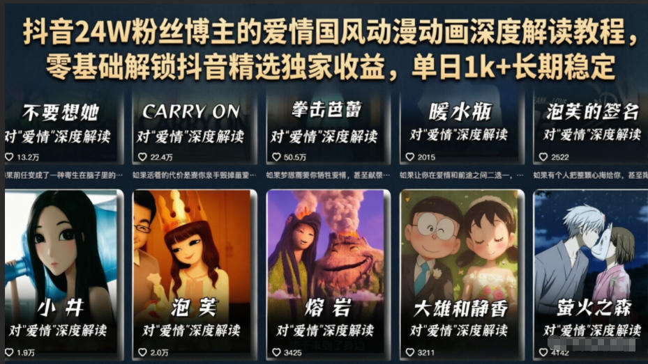 抖音24W粉丝博主的爱情国风动漫动画深度解读教程，零基础解锁抖音精选独家收益，单日1k+长期稳定瀚萌资源网-网赚网-网赚项目网-虚拟资源网-国学资源网-易学资源网-本站有全网最新网赚项目-易学课程资源-中医课程资源的在线下载网站！瀚萌资源网