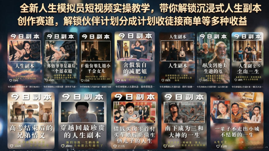 全新人生模拟员短视频实操教学，带你解锁沉浸式人生副本创作赛道，解锁伙伴计划分成计划收徒接商单等多种收益瀚萌资源网-网赚网-网赚项目网-虚拟资源网-国学资源网-易学资源网-本站有全网最新网赚项目-易学课程资源-中医课程资源的在线下载网站！瀚萌资源网