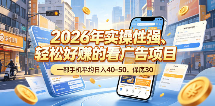 2026年实操性强、轻松好賺的看广告项目，一部手机平均日入40-50，保底30米【揭秘】瀚萌资源网-网赚网-网赚项目网-虚拟资源网-国学资源网-易学资源网-本站有全网最新网赚项目-易学课程资源-中医课程资源的在线下载网站！瀚萌资源网
