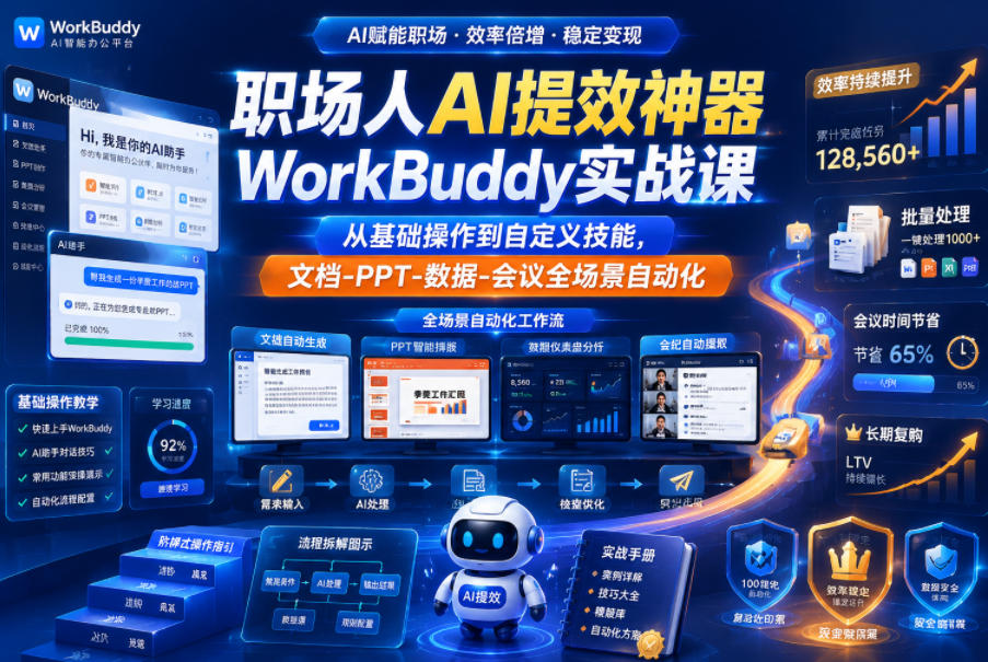 职场人AI提效神器WorkBuddy实战课，从基础操作到自定义技能，文档-PPT-数据-会议全场景自动化瀚萌资源网-网赚网-网赚项目网-虚拟资源网-国学资源网-易学资源网-本站有全网最新网赚项目-易学课程资源-中医课程资源的在线下载网站！瀚萌资源网