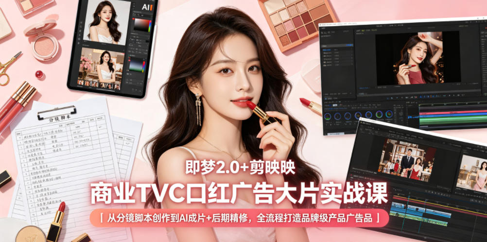 即梦2.0+剪映商业TVC口红广告大片实战课｜从分镜脚本创作到AI成片+后期精修，全流程打造品牌级产品广告瀚萌资源网-网赚网-网赚项目网-虚拟资源网-国学资源网-易学资源网-本站有全网最新网赚项目-易学课程资源-中医课程资源的在线下载网站！瀚萌资源网
