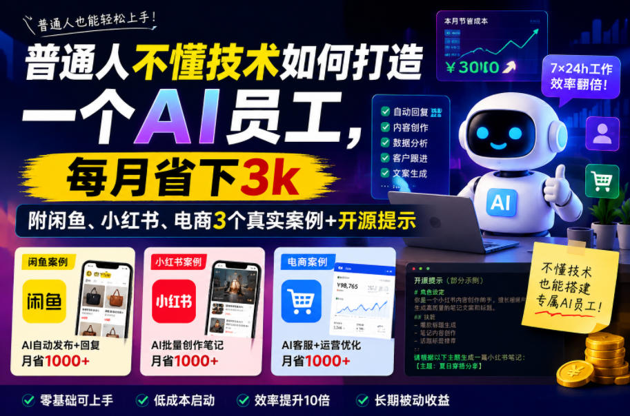普通人不懂技术如何打造一个AI员工，每月省下3k，附闲鱼、小红书、电商3个真实案例+开源提示【文档】瀚萌资源网-网赚网-网赚项目网-虚拟资源网-国学资源网-易学资源网-本站有全网最新网赚项目-易学课程资源-中医课程资源的在线下载网站！瀚萌资源网