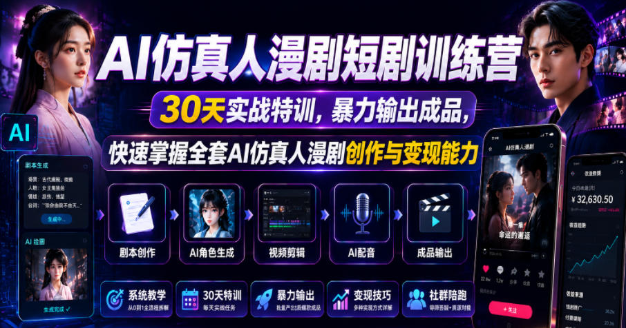 AI仿真人漫剧短剧训练营，30天实战特训，暴力输出成品，快速掌握全套AI仿真人漫剧创作与变现能力瀚萌资源网-网赚网-网赚项目网-虚拟资源网-国学资源网-易学资源网-本站有全网最新网赚项目-易学课程资源-中医课程资源的在线下载网站！瀚萌资源网