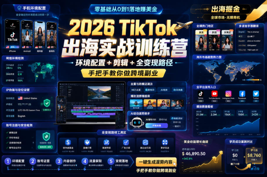 2026 TikTok出海实战训练营，环境配置 + 剪辑 + 全变现路径，手把手教你做跨境副业瀚萌资源网-网赚网-网赚项目网-虚拟资源网-国学资源网-易学资源网-本站有全网最新网赚项目-易学课程资源-中医课程资源的在线下载网站！瀚萌资源网