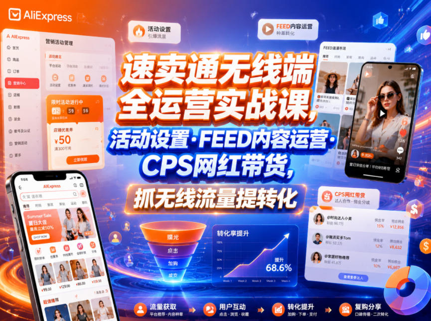 速卖通无线端全运营实战课，活动设置・FEED内容运营・CPS网红带货，抓无线流量提转化瀚萌资源网-网赚网-网赚项目网-虚拟资源网-国学资源网-易学资源网-本站有全网最新网赚项目-易学课程资源-中医课程资源的在线下载网站！瀚萌资源网