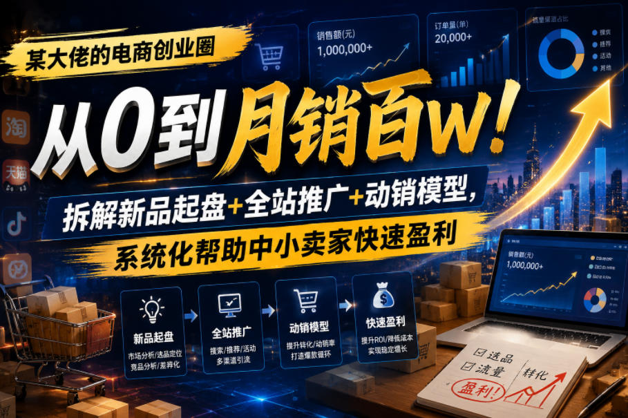 某大佬的电商创业圈从0到月销百W！拆解新品起盘+全站推广+动销模型，系统化帮助中小卖家快速盈利瀚萌资源网-网赚网-网赚项目网-虚拟资源网-国学资源网-易学资源网-本站有全网最新网赚项目-易学课程资源-中医课程资源的在线下载网站！瀚萌资源网