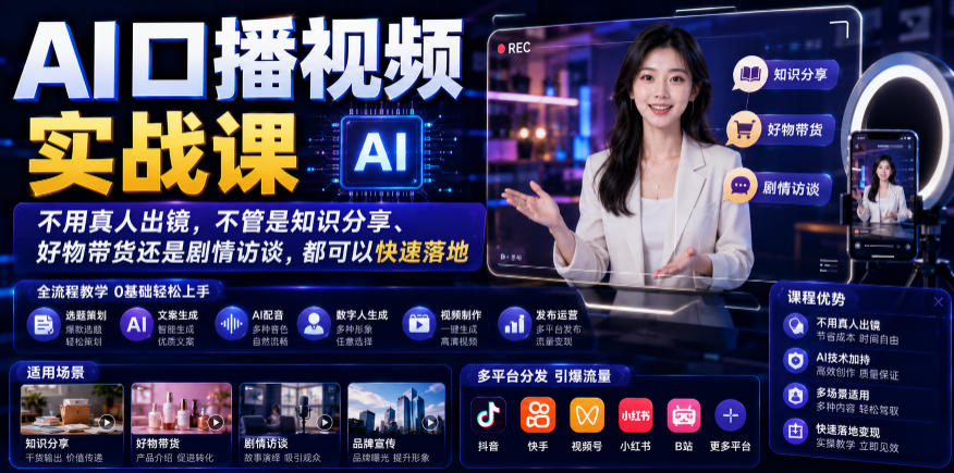 AI口播视频实战课，不用真人出镜，不管是知识分享、好物带货还是剧情访谈，都可以快速落地瀚萌资源网-网赚网-网赚项目网-虚拟资源网-国学资源网-易学资源网-本站有全网最新网赚项目-易学课程资源-中医课程资源的在线下载网站！瀚萌资源网