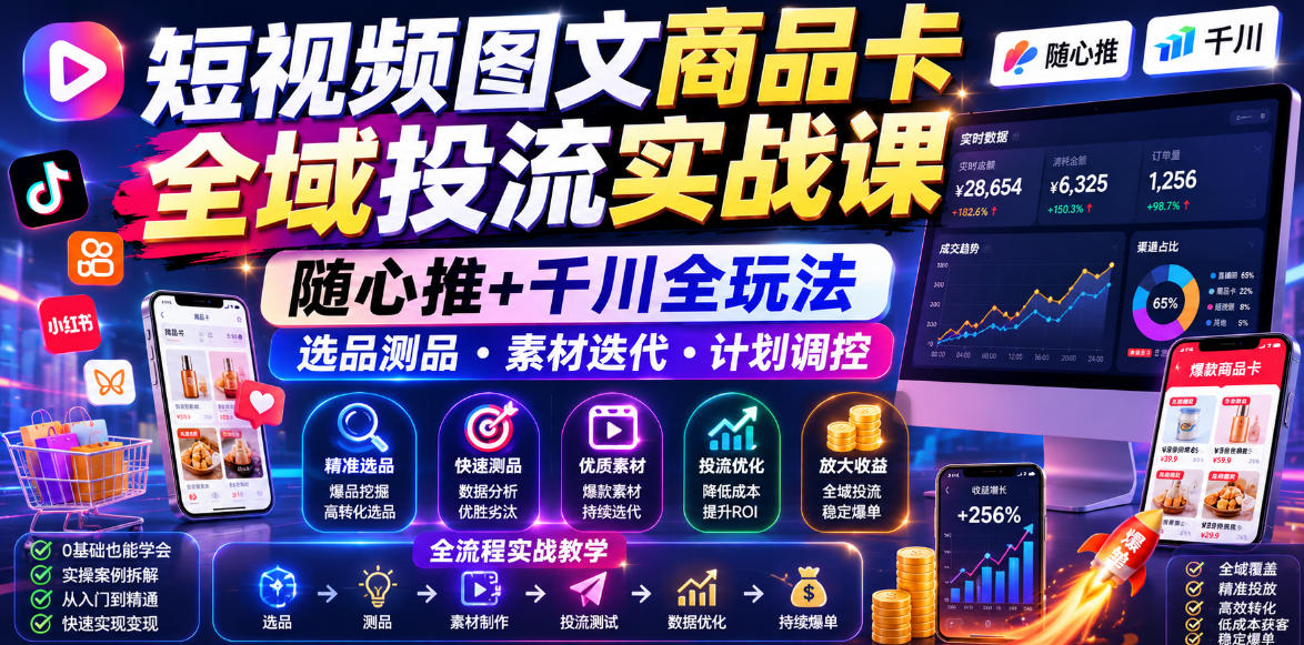 短视频图文商品卡全域投流实战课，随心推+千川全玩法，选品测品・素材迭代・计划调控，提升ROI爆单增收教程瀚萌资源网-网赚网-网赚项目网-虚拟资源网-国学资源网-易学资源网-本站有全网最新网赚项目-易学课程资源-中医课程资源的在线下载网站！瀚萌资源网