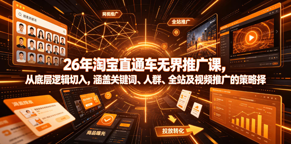 26年淘宝直通车无界推广课，从底层逻辑切入，涵盖关键词、人群、全站及视频推广的策略选择瀚萌资源网-网赚网-网赚项目网-虚拟资源网-国学资源网-易学资源网-本站有全网最新网赚项目-易学课程资源-中医课程资源的在线下载网站！瀚萌资源网