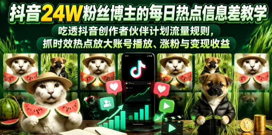 抖音24W粉丝博主的每日热点信息差教学，吃透创作者伙伴计划流量规则，抓时效热点放大账号播放、涨粉与变现收益瀚萌资源网-网赚网-网赚项目网-虚拟资源网-国学资源网-易学资源网-本站有全网最新网赚项目-易学课程资源-中医课程资源的在线下载网站！瀚萌资源网