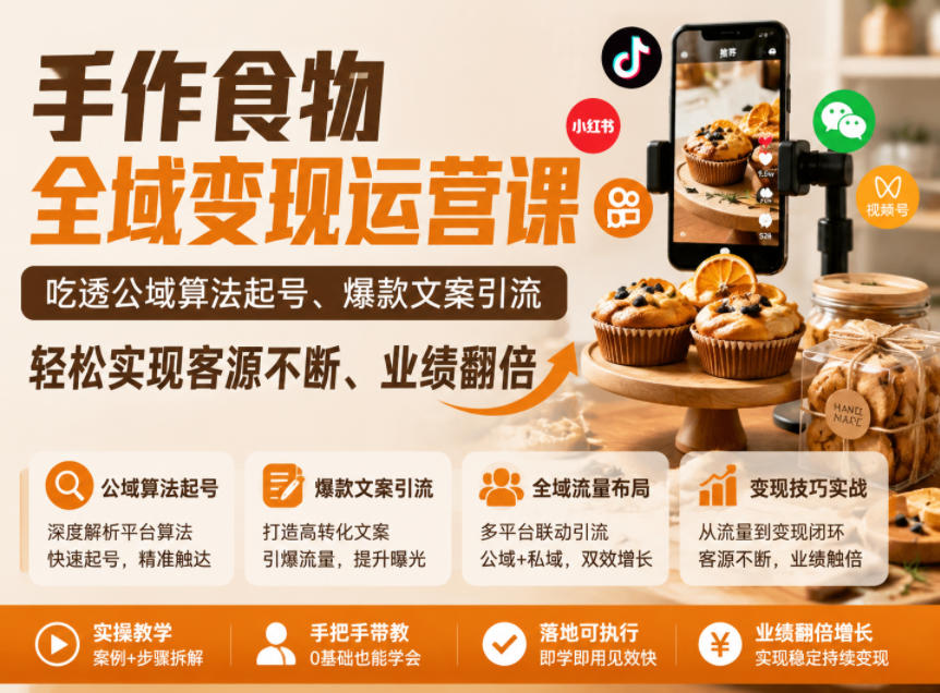手作食物全域变现运营课，吃透公域算法起号、爆款文案引流，轻松实现客源不断、业绩翻倍瀚萌资源网-网赚网-网赚项目网-虚拟资源网-国学资源网-易学资源网-本站有全网最新网赚项目-易学课程资源-中医课程资源的在线下载网站！瀚萌资源网