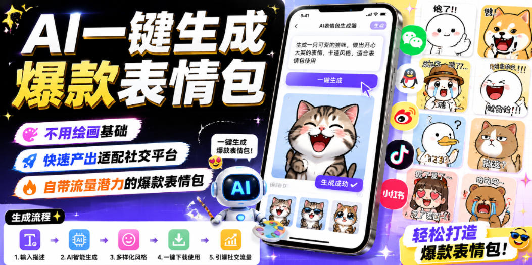 AI一键生成爆款表情包，不用绘画基础，快速产出适配社交平台，自带流量潜力的爆款表情包瀚萌资源网-网赚网-网赚项目网-虚拟资源网-国学资源网-易学资源网-本站有全网最新网赚项目-易学课程资源-中医课程资源的在线下载网站！瀚萌资源网