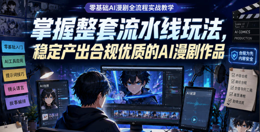 零基础AI漫剧全流程实战教学，掌握整套流水线玩法，稳定产出合规优质的AI漫剧作品瀚萌资源网-网赚网-网赚项目网-虚拟资源网-国学资源网-易学资源网-本站有全网最新网赚项目-易学课程资源-中医课程资源的在线下载网站！瀚萌资源网