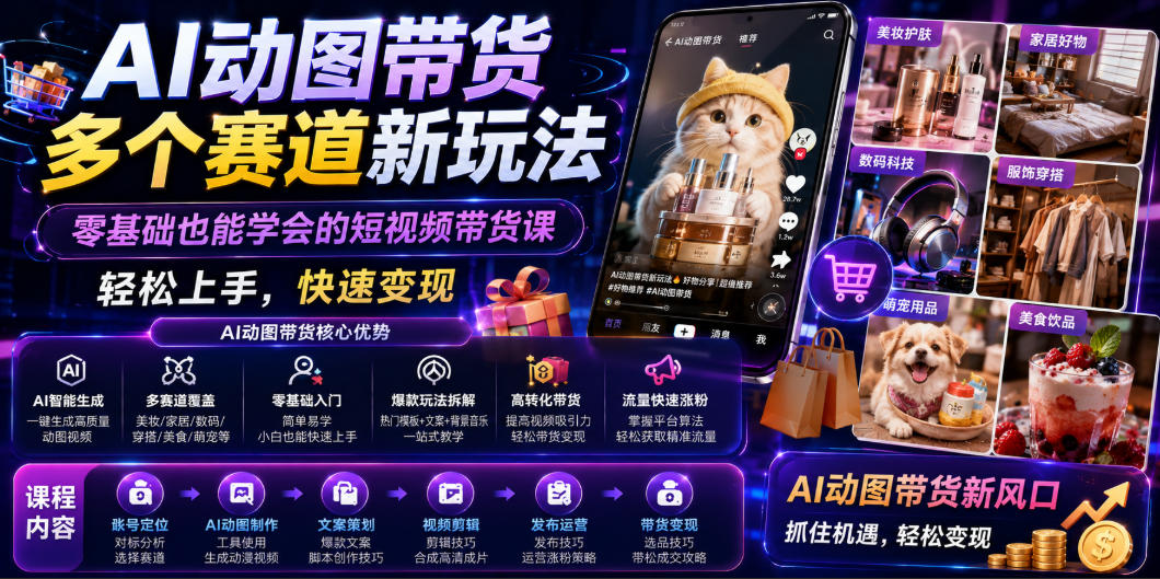 AI动图带货多个赛道新玩法，零基础也能学会的短视频带货课，轻松上手，快速变现瀚萌资源网-网赚网-网赚项目网-虚拟资源网-国学资源网-易学资源网-本站有全网最新网赚项目-易学课程资源-中医课程资源的在线下载网站！瀚萌资源网