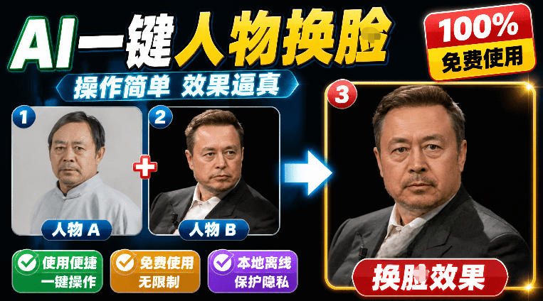 纯离线本地运行！AI一键人物lian部替换软件，支持图片换lian，效果逼真，最便捷换lian工具FaceSwap瀚萌资源网-网赚网-网赚项目网-虚拟资源网-国学资源网-易学资源网-本站有全网最新网赚项目-易学课程资源-中医课程资源的在线下载网站！瀚萌资源网