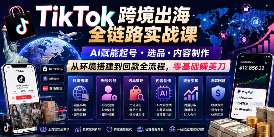 TikTok跨境出海全链路实战课，AI赋能起号・选品・内容制作，从环境搭建到回款全流程，零基础賺美刀瀚萌资源网-网赚网-网赚项目网-虚拟资源网-国学资源网-易学资源网-本站有全网最新网赚项目-易学课程资源-中医课程资源的在线下载网站！瀚萌资源网