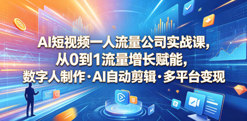 AI短视频一人流量公司实战课，从0到1流量增长赋能，数字人制作・AI自动剪辑・多平台变现，一人做流量生意全落地教程瀚萌资源网-网赚网-网赚项目网-虚拟资源网-国学资源网-易学资源网-本站有全网最新网赚项目-易学课程资源-中医课程资源的在线下载网站！瀚萌资源网