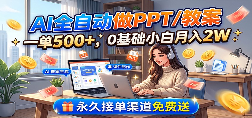 AI全自动做PPT/教案，一单500+，0基础小白月入2W，永久接单渠道免费送瀚萌资源网-网赚网-网赚项目网-虚拟资源网-国学资源网-易学资源网-本站有全网最新网赚项目-易学课程资源-中医课程资源的在线下载网站！瀚萌资源网