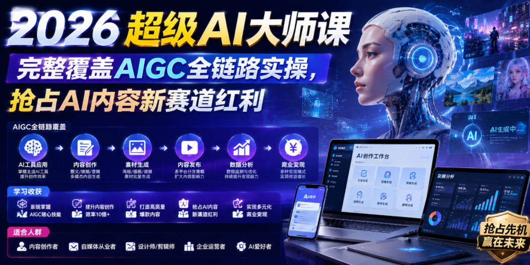 2026超级AI大师课，完整覆盖AIGC全链路实操，抢占AI内容新赛道红利瀚萌资源网-网赚网-网赚项目网-虚拟资源网-国学资源网-易学资源网-本站有全网最新网赚项目-易学课程资源-中医课程资源的在线下载网站！瀚萌资源网