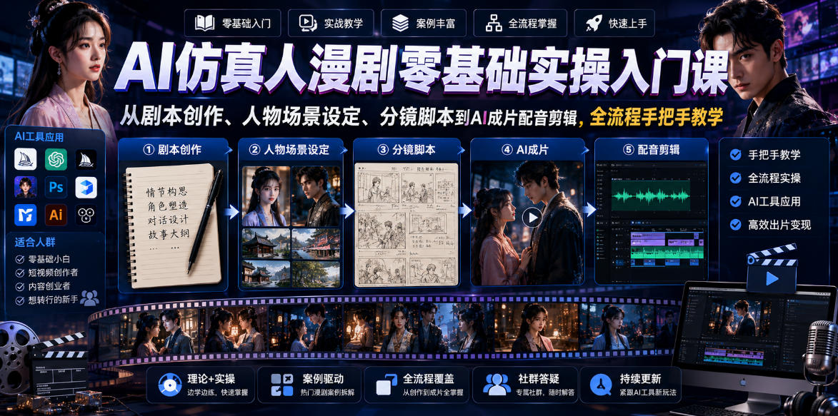AI仿真人漫剧零基础实操入门课，从剧本创作、人物场景设定、分镜脚本到AI成片配音剪辑，全流程手把手教学瀚萌资源网-网赚网-网赚项目网-虚拟资源网-国学资源网-易学资源网-本站有全网最新网赚项目-易学课程资源-中医课程资源的在线下载网站！瀚萌资源网
