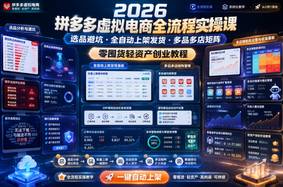 2026拼多多虚拟电商全流程实操课，选品避坑・全自动上架发货・多品多店矩阵，零囤货轻资产创业教程瀚萌资源网-网赚网-网赚项目网-虚拟资源网-国学资源网-易学资源网-本站有全网最新网赚项目-易学课程资源-中医课程资源的在线下载网站！瀚萌资源网