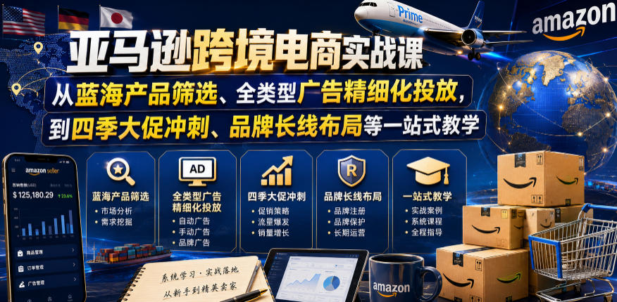 亚马逊跨境电商实战课，从蓝海产品筛选、全类型广告精细化投放，到四季大促冲刺、品牌长线布局等一站式教学瀚萌资源网-网赚网-网赚项目网-虚拟资源网-国学资源网-易学资源网-本站有全网最新网赚项目-易学课程资源-中医课程资源的在线下载网站！瀚萌资源网