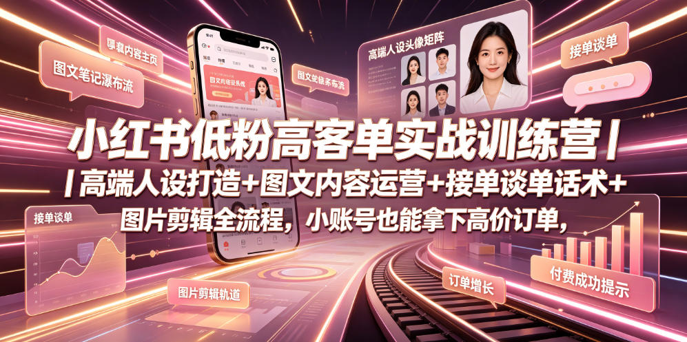 小红书低粉高客单实战训练营｜高端人设打造+图文内容运营+接单谈单话术+图片剪辑全流程，小账号也能拿下高价订单瀚萌资源网-网赚网-网赚项目网-虚拟资源网-国学资源网-易学资源网-本站有全网最新网赚项目-易学课程资源-中医课程资源的在线下载网站！瀚萌资源网