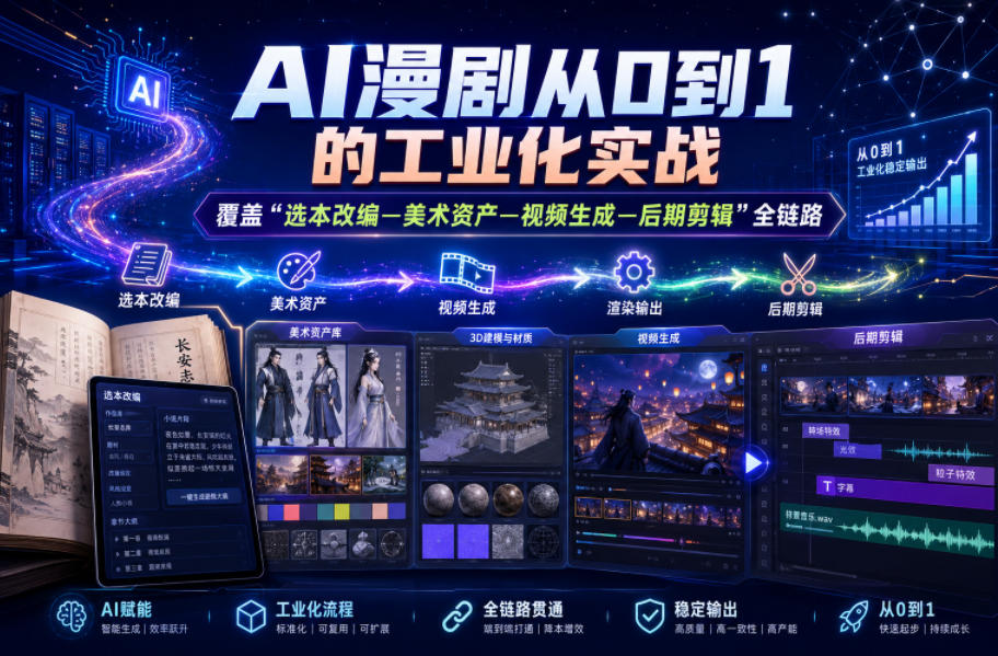 AI漫剧从0到1的工业化实战，覆盖“选本改编—美术资产—视频生成—后期剪辑”全链路（更新6月）瀚萌资源网-网赚网-网赚项目网-虚拟资源网-国学资源网-易学资源网-本站有全网最新网赚项目-易学课程资源-中医课程资源的在线下载网站！瀚萌资源网