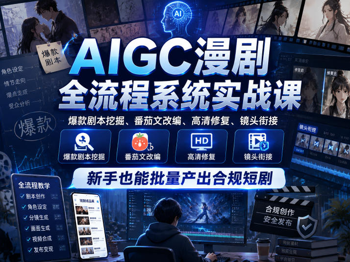 AIGC漫剧全流程系统实战课，爆款剧本挖掘、番茄文改编、高清修复、镜头衔接，新手也能批量产出合规短剧瀚萌资源网-网赚网-网赚项目网-虚拟资源网-国学资源网-易学资源网-本站有全网最新网赚项目-易学课程资源-中医课程资源的在线下载网站！瀚萌资源网