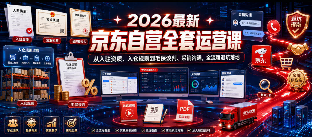 2026最新京东自营全套运营课，从入驻资质、入仓规则到毛保谈判、采销沟通，全流程避坑落地瀚萌资源网-网赚网-网赚项目网-虚拟资源网-国学资源网-易学资源网-本站有全网最新网赚项目-易学课程资源-中医课程资源的在线下载网站！瀚萌资源网