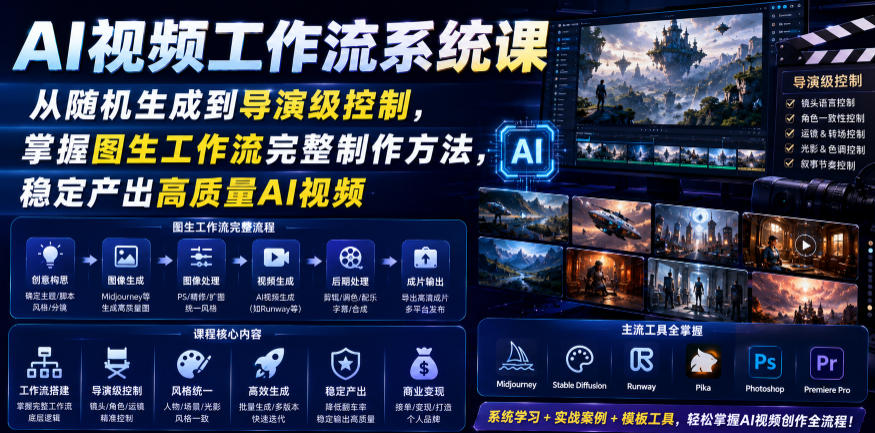AI视频工作流系统课，从随机生成到导演级控制，掌握图生工作流完整制作方法，稳定产出高质量AI视频瀚萌资源网-网赚网-网赚项目网-虚拟资源网-国学资源网-易学资源网-本站有全网最新网赚项目-易学课程资源-中医课程资源的在线下载网站！瀚萌资源网
