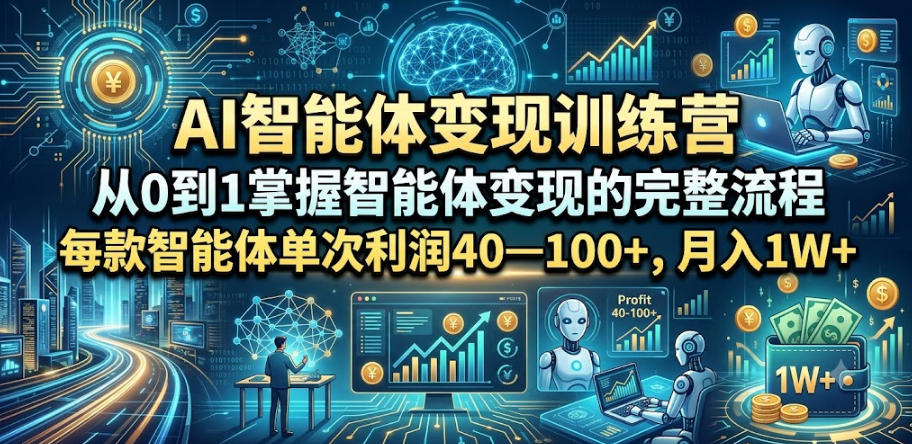 AI智能体变现训练营，从0到1掌握智能体变现的完整流程，每款智能体单次利润40—100+，月入1W+瀚萌资源网-网赚网-网赚项目网-虚拟资源网-国学资源网-易学资源网-本站有全网最新网赚项目-易学课程资源-中医课程资源的在线下载网站！瀚萌资源网