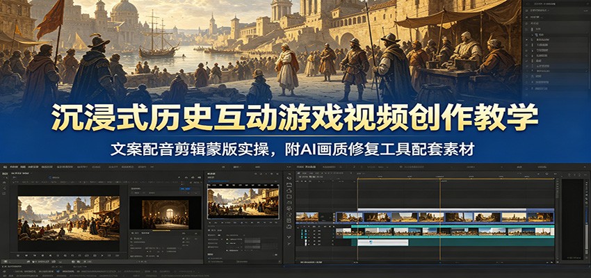 沉浸式历史互动游戏视频创作教学：文案配音剪辑蒙版实操，附AI画质修复工具配套素材瀚萌资源网-网赚网-网赚项目网-虚拟资源网-国学资源网-易学资源网-本站有全网最新网赚项目-易学课程资源-中医课程资源的在线下载网站！瀚萌资源网