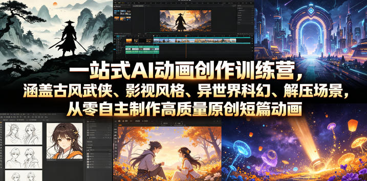一站式AI动画创作训练营，涵盖古风武侠、影视风格、异世界科幻、解压场景，从零自主制作高质量原创短篇动画瀚萌资源网-网赚网-网赚项目网-虚拟资源网-国学资源网-易学资源网-本站有全网最新网赚项目-易学课程资源-中医课程资源的在线下载网站！瀚萌资源网