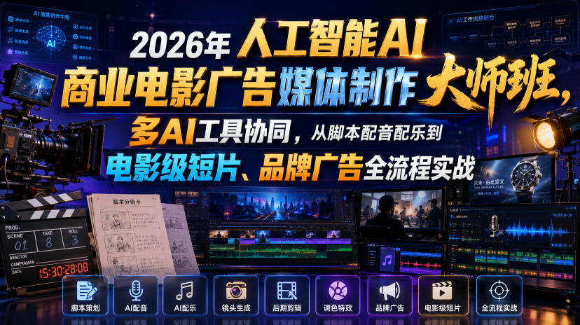 2026年人工智能AI商业电影广告媒体制作大师班，多AI工具协同，从脚本配音配乐到电影级短片、品牌广告全流程实战（中英字幕）瀚萌资源网-网赚网-网赚项目网-虚拟资源网-国学资源网-易学资源网-本站有全网最新网赚项目-易学课程资源-中医课程资源的在线下载网站！瀚萌资源网