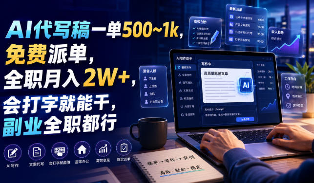 AI代写稿一单500~1k，免费派单，全职月入2W+，会打字就能干，副业全职都行【揭秘】瀚萌资源网-网赚网-网赚项目网-虚拟资源网-国学资源网-易学资源网-本站有全网最新网赚项目-易学课程资源-中医课程资源的在线下载网站！瀚萌资源网