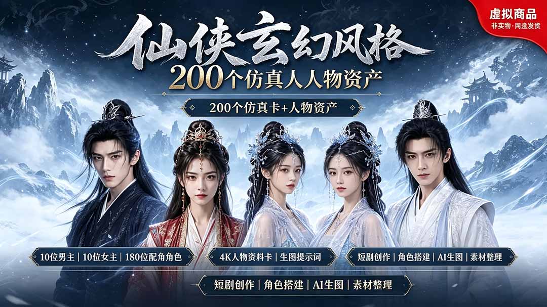 （19301期）200个仙侠玄幻仿真人素材◆10男主×10女主×180配角，4K资料卡+AI生图提示词，漫剧必备瀚萌资源网-网赚网-网赚项目网-虚拟资源网-国学资源网-易学资源网-本站有全网最新网赚项目-易学课程资源-中医课程资源的在线下载网站！瀚萌资源网
