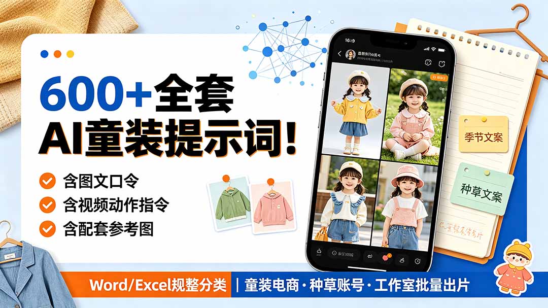 （19302期）600+全套AI童装提示词！含图文口令+视频动作指令+配套参考图，Word/Excel规整分类，童装电商、种草无脑量产内容瀚萌资源网-网赚网-网赚项目网-虚拟资源网-国学资源网-易学资源网-本站有全网最新网赚项目-易学课程资源-中医课程资源的在线下载网站！瀚萌资源网