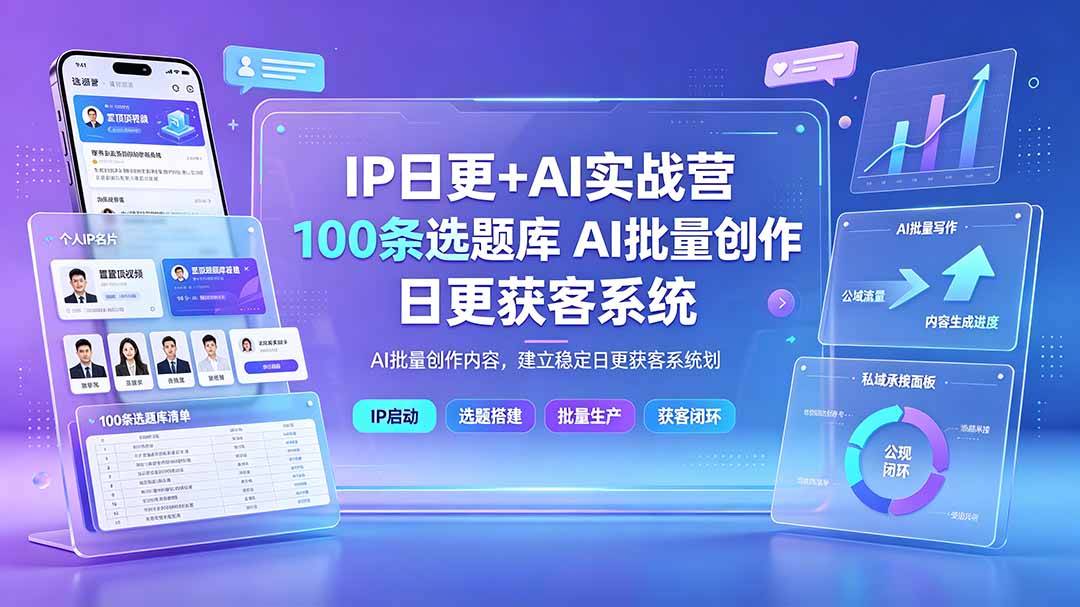 （19353期）IP日更+AI实战营：IP置顶视频制作×100条选题库搭建×10条日更规划，AI批量创作内容，建立稳定日更获客系统瀚萌资源网-网赚网-网赚项目网-虚拟资源网-国学资源网-易学资源网-本站有全网最新网赚项目-易学课程资源-中医课程资源的在线下载网站！瀚萌资源网