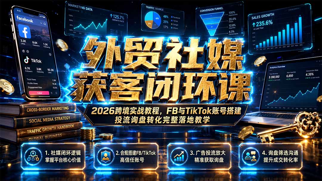 （19611期）外贸社媒获客闭环课｜2026跨境实战教程，FB与TikTok账号搭建投流询盘转化完整落地教学瀚萌资源网-网赚网-网赚项目网-虚拟资源网-国学资源网-易学资源网-本站有全网最新网赚项目-易学课程资源-中医课程资源的在线下载网站！瀚萌资源网