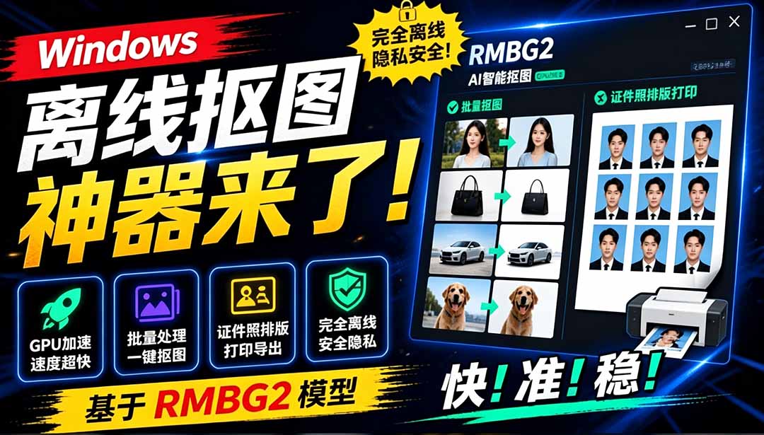 （19357期）Windows离线抠图神器来了！支持批量抠图 + 证件照排版打印，基于RMBG2模型，GPU加速 方块AI抠图瀚萌资源网-网赚网-网赚项目网-虚拟资源网-国学资源网-易学资源网-本站有全网最新网赚项目-易学课程资源-中医课程资源的在线下载网站！瀚萌资源网