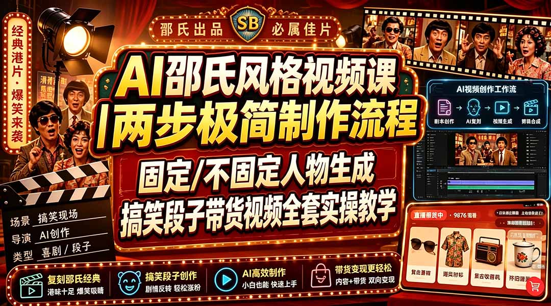 （19602期）AI邵氏风格视频课｜两步极简制作流程，固定/不固定人物生成，搞笑段子带货视频全套实操教学瀚萌资源网-网赚网-网赚项目网-虚拟资源网-国学资源网-易学资源网-本站有全网最新网赚项目-易学课程资源-中医课程资源的在线下载网站！瀚萌资源网