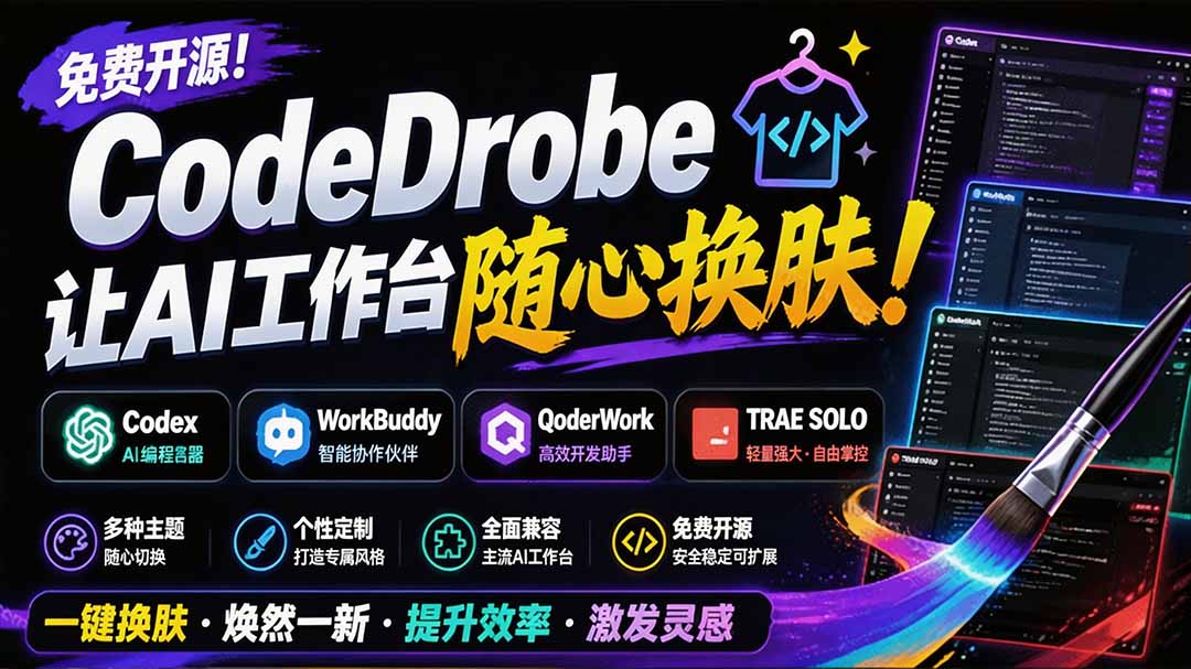 （19586期）免费开源的CodeDrobe，让AI工作台随心换肤，支持Codex、WorkBuddy等，免费且本地运行！瀚萌资源网-网赚网-网赚项目网-虚拟资源网-国学资源网-易学资源网-本站有全网最新网赚项目-易学课程资源-中医课程资源的在线下载网站！瀚萌资源网