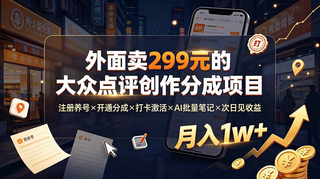 （19488期）外面卖299元的大众点评创作分成项目：注册养号×开通分成×打卡激活×AI批量笔记×次日见收益，月入1w+瀚萌资源网-网赚网-网赚项目网-虚拟资源网-国学资源网-易学资源网-本站有全网最新网赚项目-易学课程资源-中医课程资源的在线下载网站！瀚萌资源网