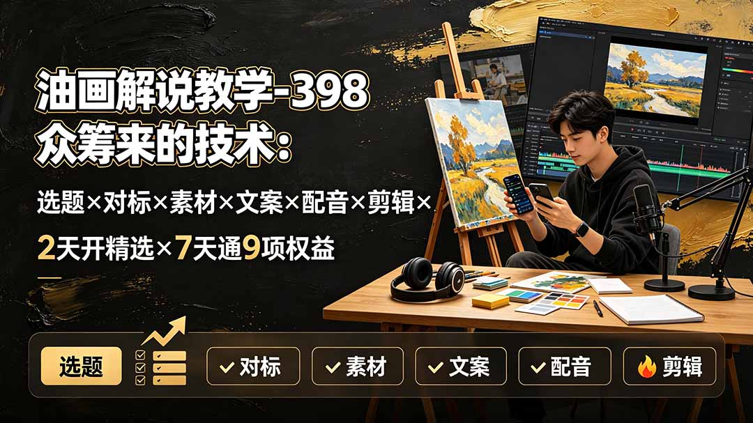 （19587期）油画解说教学-398众筹来的技术-刯新：选题×对标×素材×文案×配音×剪辑×2天开精选×7天通9项权益瀚萌资源网-网赚网-网赚项目网-虚拟资源网-国学资源网-易学资源网-本站有全网最新网赚项目-易学课程资源-中医课程资源的在线下载网站！瀚萌资源网
