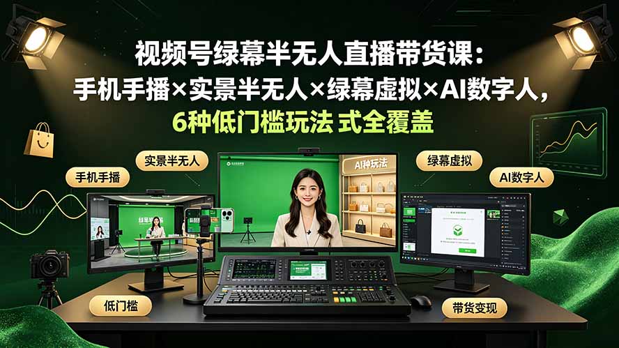 （19271期）视频号绿幕半无人直播带货课：手机手播×实景半无人×绿幕虚拟×AI数字人，6种低门槛玩法全覆盖瀚萌资源网-网赚网-网赚项目网-虚拟资源网-国学资源网-易学资源网-本站有全网最新网赚项目-易学课程资源-中医课程资源的在线下载网站！瀚萌资源网