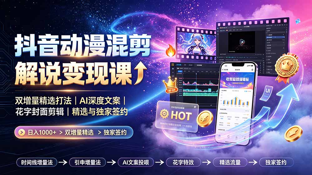 （19311期）抖音动漫混剪解说变现课：双增量精选打法｜AI深度文案｜花字封面剪辑｜ 精选与独家签约日入1000+瀚萌资源网-网赚网-网赚项目网-虚拟资源网-国学资源网-易学资源网-本站有全网最新网赚项目-易学课程资源-中医课程资源的在线下载网站！瀚萌资源网