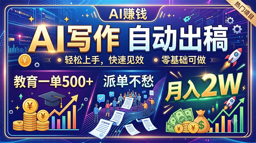 （19614期）AI写作自动出稿，教育一单500+，派单不愁，月入2W瀚萌资源网-网赚网-网赚项目网-虚拟资源网-国学资源网-易学资源网-本站有全网最新网赚项目-易学课程资源-中医课程资源的在线下载网站！瀚萌资源网